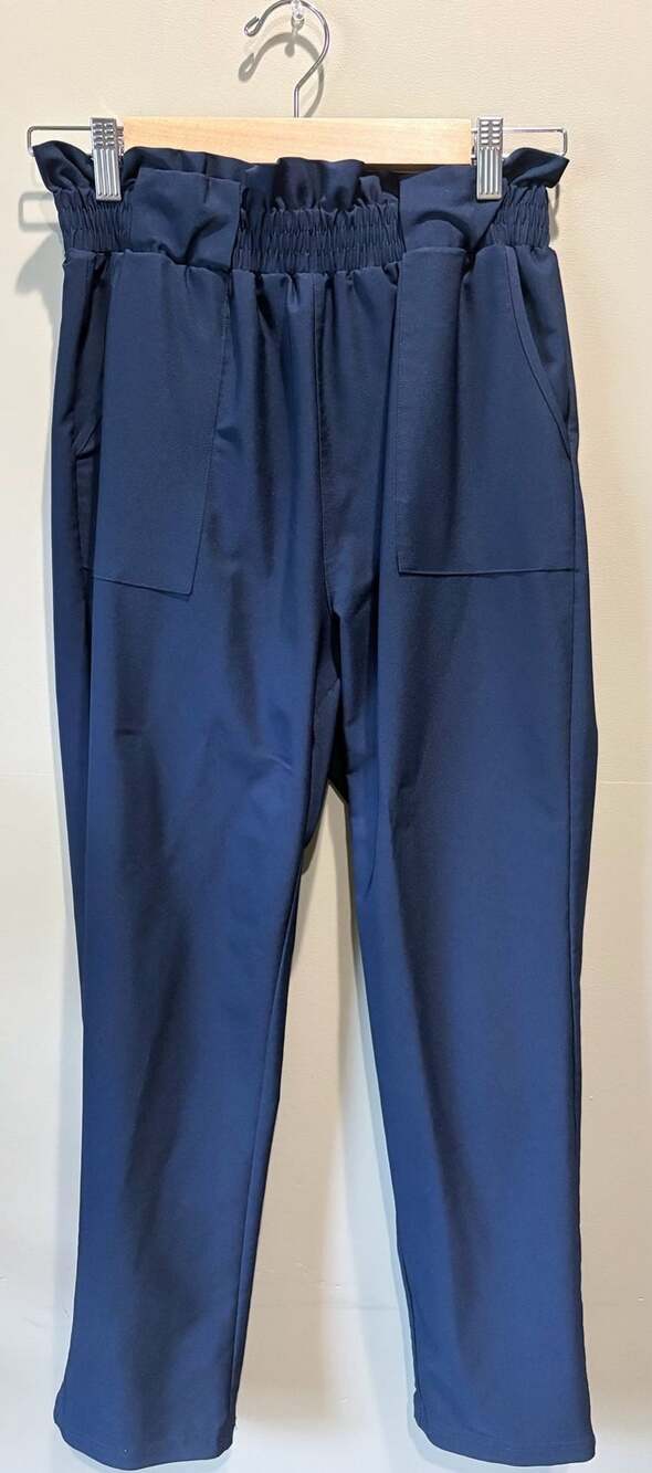 Grace Karin Navy Blue Paperbag Waist Pants with Elastic Waistband and Pockets